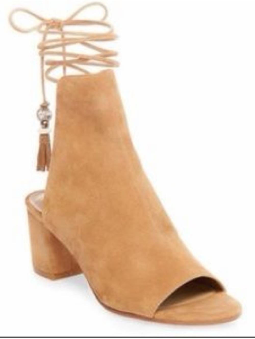 Brian Atwood Tan Suede Peep-Toe Lace-Up Block Heel Mule